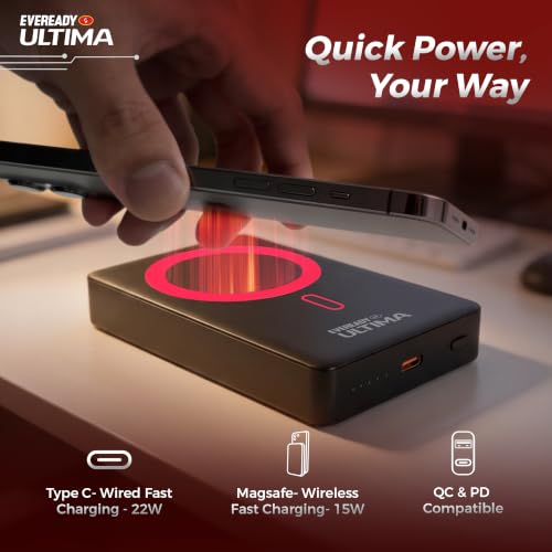 Image of Eveready Ultima MagSafe Compatible Power Bank PB32, 10,000mAh, 22W Wired & 15W Wireless Fast Charging, Compatible with iPhone 12 & Above, Android & Qi Devices (Ensure Device & Case Compatibility)
