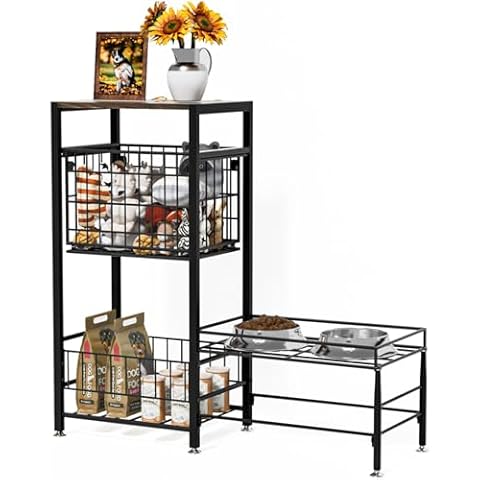 Dog Bowls Elevated Dog Bowl Stand with Table Steel Frame Raised Dog Bowl Dog Toy Bin Basket Dog Food Storage Water Bowl Feeding Station, Dog Food Bowl Holds All Size Bowls for Large Medium Small Dogs Cover