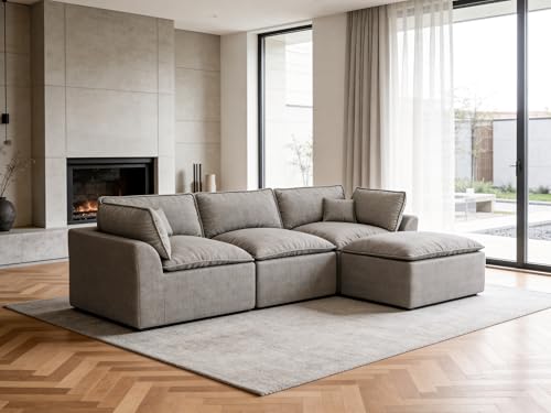 Image of 108 inch Corduroy Modular Sectional Sofa with Ottoman, Boneless Cloud Couch for Living Room, Convertible L-Shape Extra Deep Seat Floor Sofa, Dark Grey