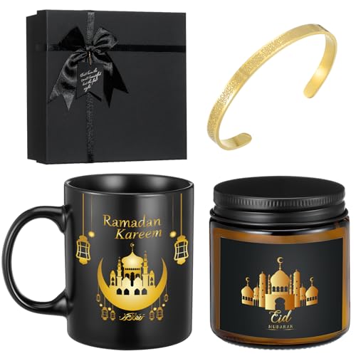 Meanplan 4 Pcs Islamic Ramadan Eid Gifts Mubarak Mug Ramadan Scented Candles Allah Gold Bangles Bracelets Jewelry Gift for Muslim Men and Women Eid Holidays New Year Gifts (Grandeur,Gold, Black)