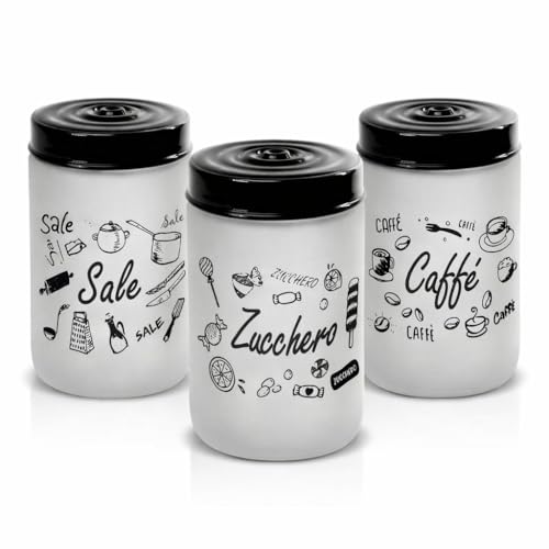 MECSAL CASALINGHI Set 3 Barattoli Contenitori, Tris Sale Zucchero Caffè, in Vetro Bianco Satinato, con Decorazioni