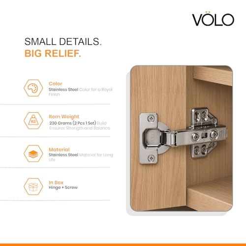 Image of VOLO Cabinet Hinges, Set of 1 (2 Pieces) for Furniture, Wardrobes, Doors, and Storage Units | (3D Soft Close (Stainless Steel), 0 Crank | Full Overlay)
