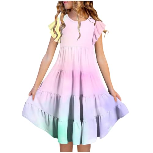 Girls Boat Neck Festival Dresses Cap Gradient Slim Ruched A Line Tiered Midi Summer Dress 2025 for 6-14 Years