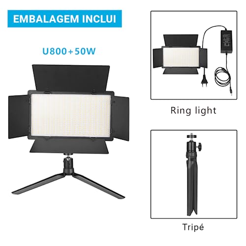 Iluminagao para Video 50W 3200K-5200K, Iluminação para Câmeras e Foto, Kit Completo de Luz LED Com T