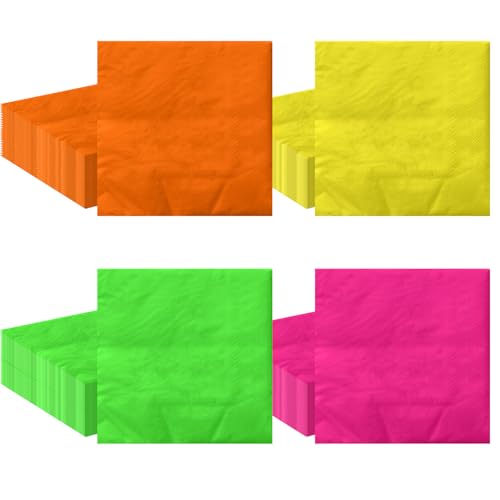 80 Pcs Neon Napkins - Disposable 4 Color Cocktail Napkins Glow Party Supplies for Birthday 80s 90s Party Decorations Wedding Halloween, 33 x 33 cm