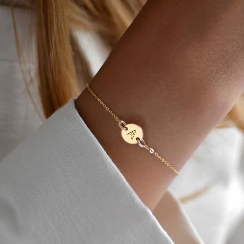 18K Gold Plated Stainless Steel Initial Bracelet Personalized Letter Charm Bracelet Small Dainty Disc Monogram Name Bracelet for Women4