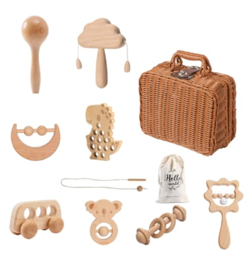 Sailozai木製ロッキングベル8点セット、赤ちゃん出産祝い、なだめるおもちゃ、北欧風シミュレーションレザー籐編みケースセット鈴無塗装 (恐竜8点セット,藤編)