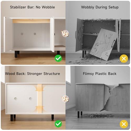 Image of ONBRILL 59 Inches Cat Litter Box Enclosure for 2 Cats, Hidden Litter Boxes Furniture with Cat Scratch Pad, Large Indoor Pet House with Double Room, Wooden TV Stand Side Table, Off White