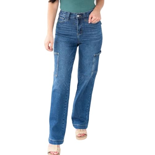 Nbzsmlkn High Waist Stretch Jeans for Women,High Waisted Tummy Control Stretchy Straight Leg Denim Pants,High Rise Baggy Pants with Pocket Streetwear (Blue,M)