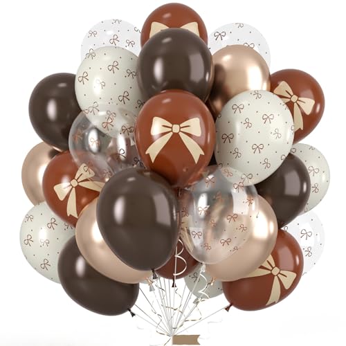 Brown Bow Balloons, 50pcs 12 Inch Dark Coffee Tan Metallic Gold Nude Sand White Clear Neutral Bow Print Balloons for Girl Women Brown Birthday Bow Theme Party Baby Shower Wedding Engagement Decoration