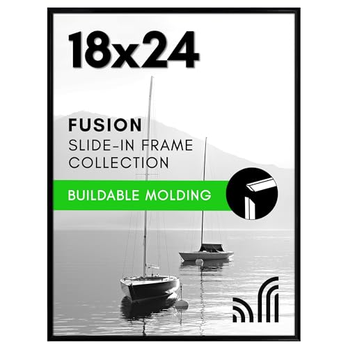 Americanflat 18x24 Poster Frame with Polished Front Cover - Slide-In Photo Frame with Buildable Molding - Fusion Collection - Picture Frames for Wall Display - Black