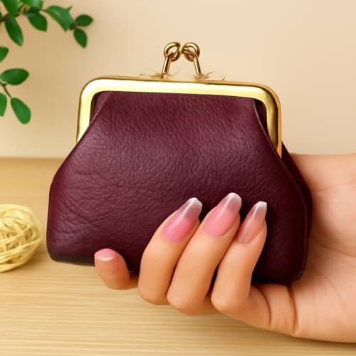 Coin Purse Kiss Lock Coin Purse for Women-Vintage Change Purse Cute Coin Holder (Dark Red)3