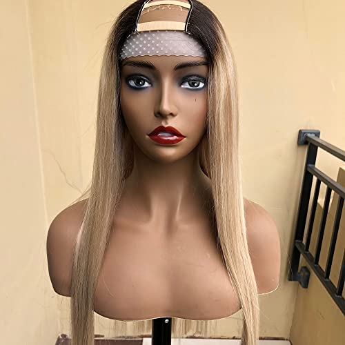 HAOKE U Part Wig Dark Roots Highlight Platinum Blonde Straight