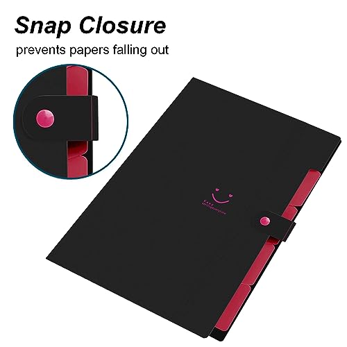 Image of NISUN 5 Pockets File Organizer, Expanding File Folder, Accordion Document Organizer, Adjustable Buckle Folder, A4 Portable Accordion Paper /Bill /Receipt Bag - Black /Pink
