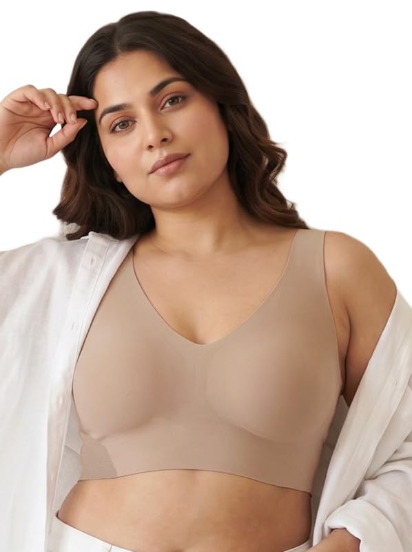 Image of Women's Cotton Non-Padded Plus-Size Full Coverage Bonded Bra | Hidden Concealer Cups | Broad Shoulder Straps | Seamless | Elastic-Free Bottom Band | No Marks, No Digging | Pack of 1