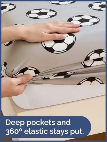 Image of Kids Full Size Soccer Bed Sheets - 4 Piece Kids Soccer Sheet Set - Athletic Sporty Bedding - Ultra-Soft, Cute & Cozy - Breathable & Machine Washable - Grey Bed Set for Boys, Girls, Teens & Toddlers