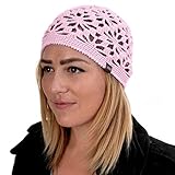 Hand Knit Crochet Beanies for Women | Breathable Soft Bamboo Cotton | Cooling Sleep Chemo Cap | Handmade (Pink-Floral)