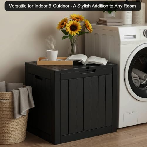 Image of 30 Gallon Resin Deck Box with Lockable Lid - Outdoor Waterproof Storage for Patio Furniture, Garden Tools, Cushions & Pool Accessories, Wood Grain Design, All-Weather Durable (Black, 1 Pack)