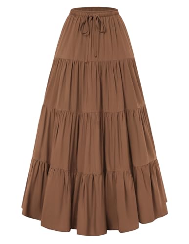 SCARLET DARKNESS Women's Flowy Boho Maxi Skirts Elastic Waist Drawstring A-Line Skirt Renaissance Tiered Long Skirts with Pockets Brown M