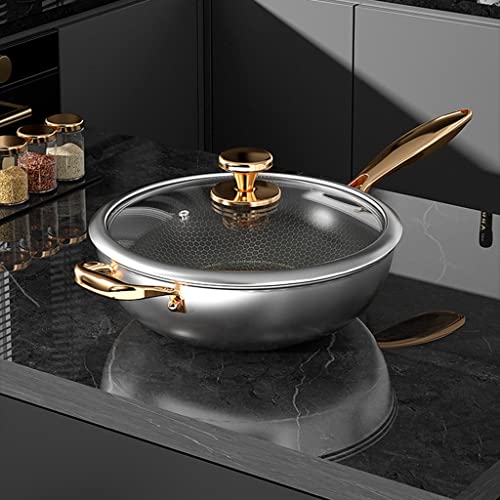 Padella wok antibatterica in acciaio inox, 34 cm, con coperchio, resistente ai graffi, struttura a nido d'ape per stufe elettriche e a induzione