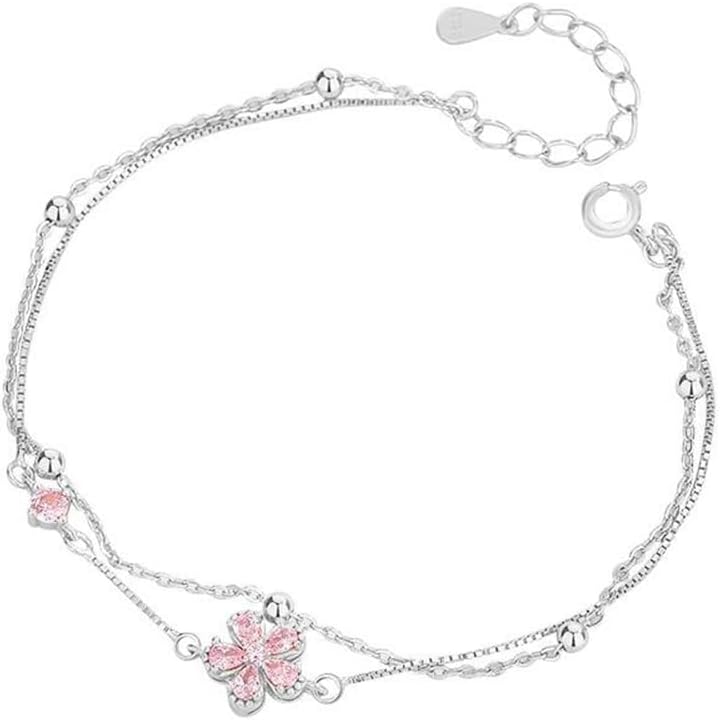 Dainty Flower S925 Sterling Silver Bracelet for Women Pink Cubic Zirconia Crystal Wedding Bracelet Lucky Flowers Statement Thin Link Chain Layered Adjustable Outfit Accessories Jewelry
