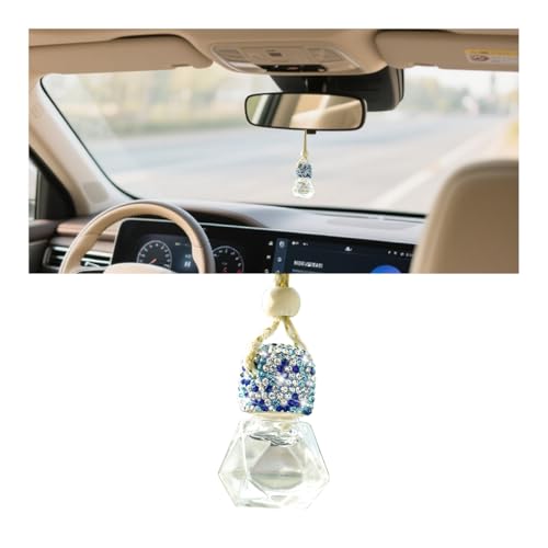 FALVFUN Bling Car Hanging Diffuser Bottle, Clear Empty Glass Crystal Rhinestone Vehicle Rearview Mirror Perfume Diffuser Bottle Pendant, Auto Essential Oil Fragrance Vials, Universal Fit (Blue)