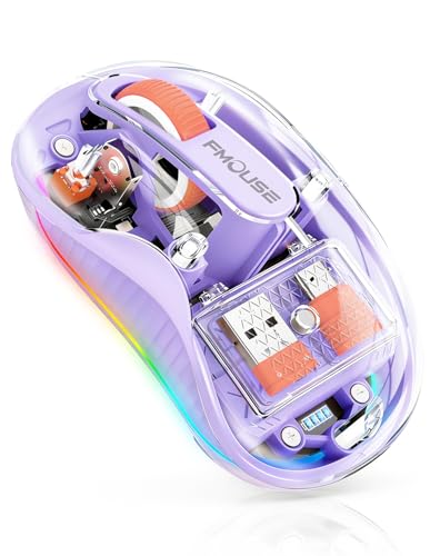 FMOUSE Stunning Transparent Wireless Mouse, Dual Bluetooth & 2.4GHz for Multi Device, USB-C Receiver Ideal for MacBook/Laptops, Rechargeable, Cool LED, Silent, for Girls & Small Hands - Purple