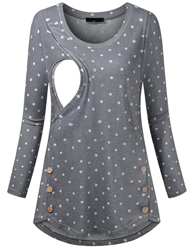 connche Quinee Tunic Tops to Wear with Leggings,Womens Double Layer Nursing Shirt Breastfeeding Winter Maternity Tunic Polka Dots Gray M