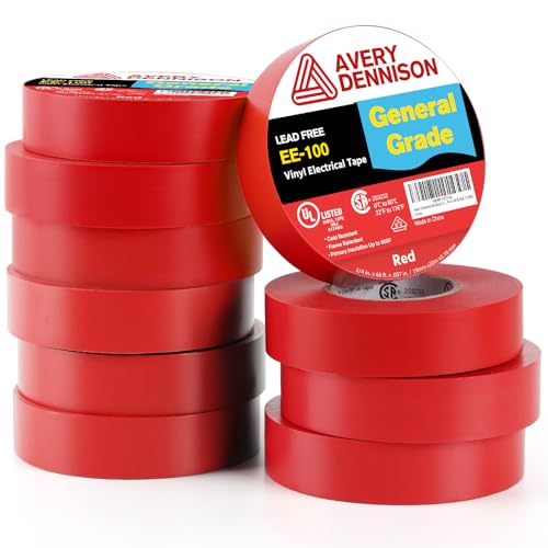 Image of Avery Dennison Electrical Tape, 10 Rolls General Use PVC Electric Tape, UL /CSA Listed in x 66 ft Insulating Vinyl Tape for Electrical, Repairs, Automotive and Equipment, EE-100, Red