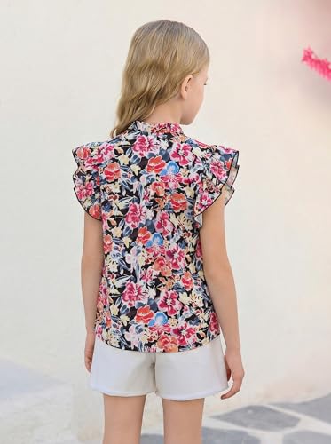 Image of Haloumoning Girls Ruffle Short Sleeve Floral Chiffon Blouses Kids Summer Shirts Tops 5-14 Years