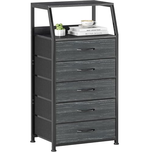 Cómoda con cajones de tela, armario de almacenamiento, aparador de madera con 5 cajones de tela, alto y estrecho, tablero de madera de 2 niveles, color negro, para salón, dormitorio, pasillo, azul