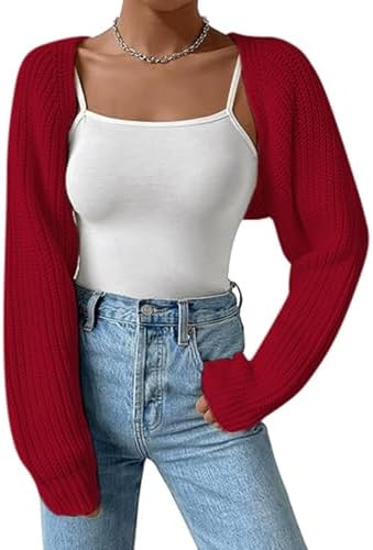 Adooadoo Bolero Damen Kurz Strickjacke Y2K Crop Offener Front Shrug Einfarbig Cropped Cardigan Langarm Strickpullover für Festlich Streetwear