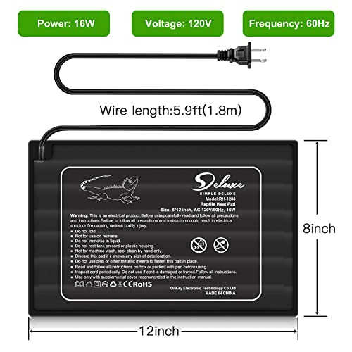 Simple Deluxe Reptile Heat Pad 8W/16W/24W Under Tank Heater Terrarium Warmer Heating Mat For Amphibians And Reptiles Pets, Turtle/Snake/Lizard/Frog/Spider/Plant Box #TOP2