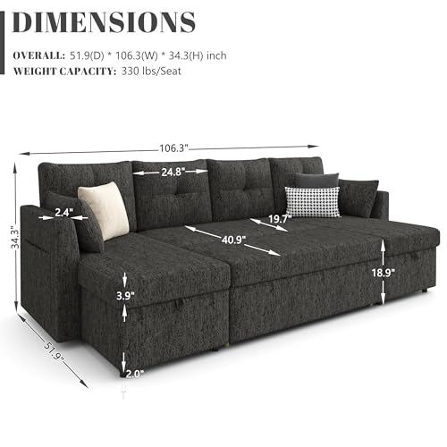 Image of Huatean Home Oversized Sleeper Sofa Couch, 110 inch 2 in 1 Pullout Couch Bed with Side Pockets for Living Room, Sectional Sleeper Sofa Bed with Double Storage Chaise, Black