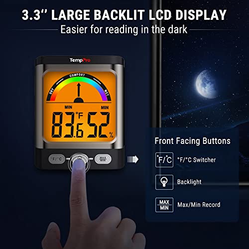Temppro A52 Hygrometer Indoor Thermometer For Home With Comfort Level Indication Humidity Meter, Large Backlit Display Humidity Sensor With Max/Min Record For Greenhouse Basement Black #TOP4