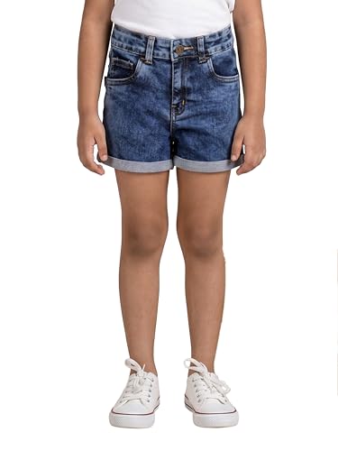 Image of KiddoPanti Girls Tight Length Rollup Denim Shorts with Lavender and Pink 3D Crochet Flowers