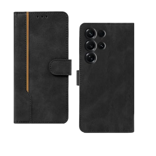 Image of amazon basics Samsung Galaxy S26 Ultra 5G Flip Cover | Card Pockets Wallet & Stand | Flip Cover for Samsung Galaxy S26 Ultra 5G (Black with Beige Strip)