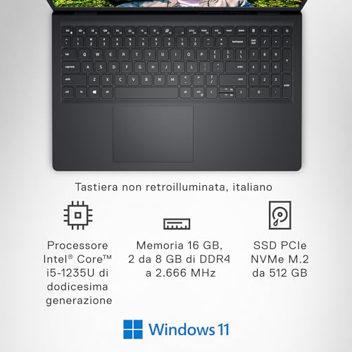 Inspiron 15 3520 Notebook 15.6" Schermo FHD (1920 x 1080), Intel Core i5-1235U, Grafica Intel UHD, 16 GB RAM, 512 GB SSD, Windows 11 Home, Tastiera Italiana, Nero - Notebook - Immagine 7