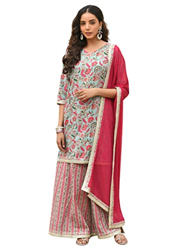 Image of Sea green Cotton Print Kurta with Palazzo and Dupatta
