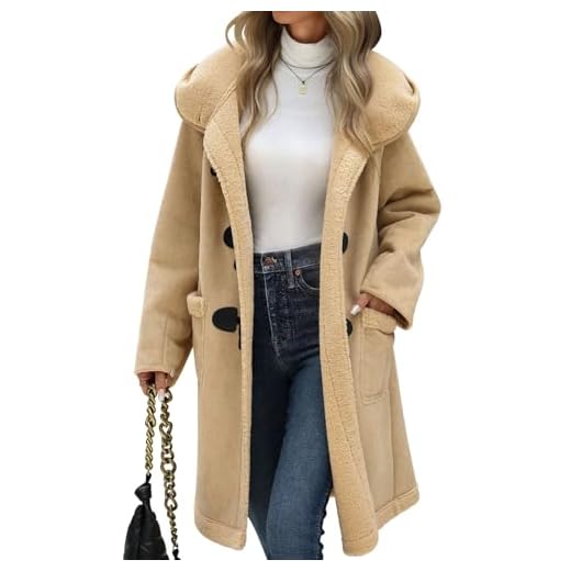 UMIPUBO Casaco feminino de camurça sherpa forrado com lã de ovelha de couro sintético, comprimento médio, com capuz e bolsos, Cáqui claro, P
