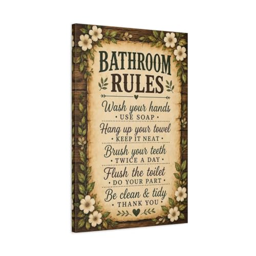 Déco Murale Règles de Salle de Bain Rustique Toile Canvas Verticale Anti-Humidité 50x75 cm