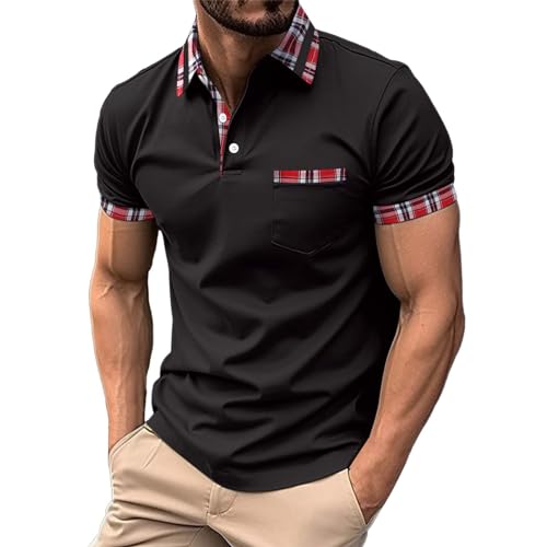 Generic Men's Black Plaid Collar Golf Polo Shirts, Short Sleeve, Size M, Ribbed Collar, 2 Count