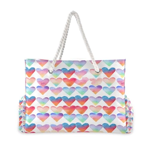 Colorful Heart Beach Tote Bag for Women Large Pool Bags Carry On Bag With Wet Compartment for Beach Travel with Pocket Zipper Outdoor Tote Bag2