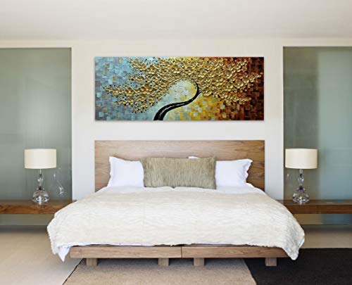 V-Inspire Art, 24X60 Inch Modern Abstract Hand-Painted Art Fortune Tree Golden Wall Art Canvas Paintings Wooden Frame Support Wall Hanging Painting Wall Painting Art Living Room Bedroom Wall Decoratio #TOP5
