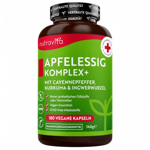 Nutravita Apfelessig-Kapseln - 180 vegane Kapseln mit rohem ungefiltertem Apfelessig mit Zusatz von Cayenne-Pfeffer Kurkuma und Ingwer - 1033 mg Tagesdosis