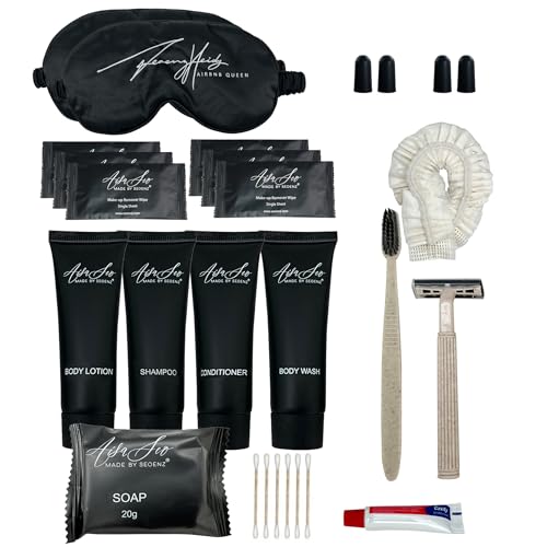 24 Piece Toiletry Kit for Hotels & Airbnb | 1oz Shampoo, Conditioner, Body Wash, Body Lotion, Bar Soap, Shower Cap, Razor, Toothbrush Set, Qtips & Makeup Remover Wipes (Toiletry Kit, 1)