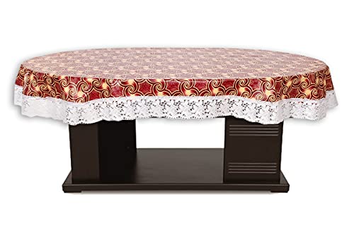Image of The Furnishing Tree Waterproof PVC Oval Shaped Center Table Cover WxL 40x60 inches Packed Pattern Multicolor with White Border lace