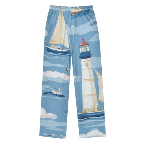 ZZXXB Sailboat with Lighthouse Boys Long Pants Soft Trousers Elastic Waist Kids Lounge Bottoms with Pockets S-XL2