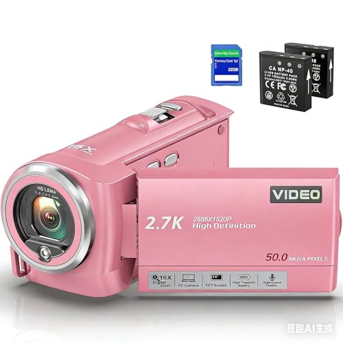 Gcasio Videocámara QHD de 2.7 K de 56 MP para YouTube, cámara de vlogging, cámara web, zoom digital de 16X con tarjeta SD de 32 G, pantalla de rotación de 270 grados, videocámaras y 2 baterías de