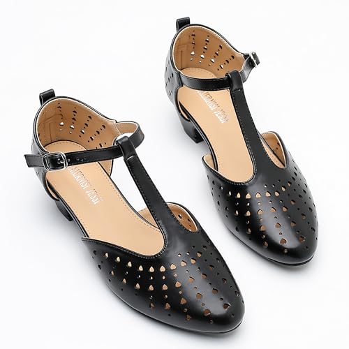 Image of MAIERNISI JESSI Women's T-Strap Mary Jane Pumps, Low Block Heel, Closed Toe, Buckle Ankle Strap